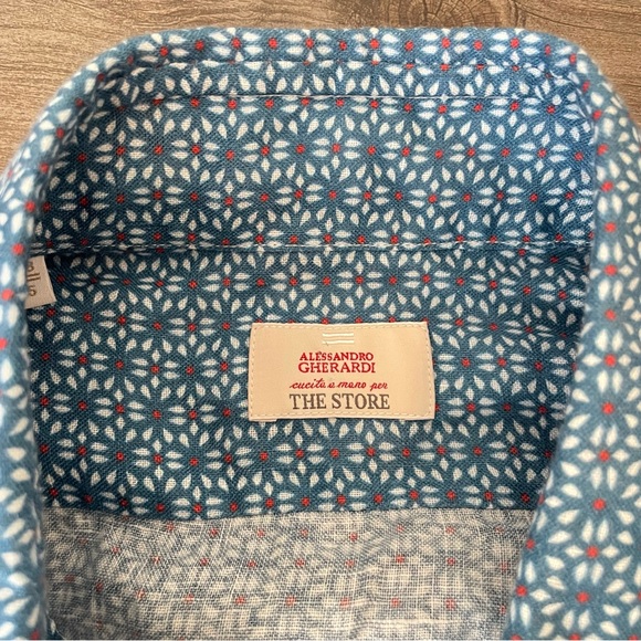 Alessandro Gherardi 100% Linen Hand Sew BlueGeometric Patterned Men's Shirt 38/S - Picture 5 of 9